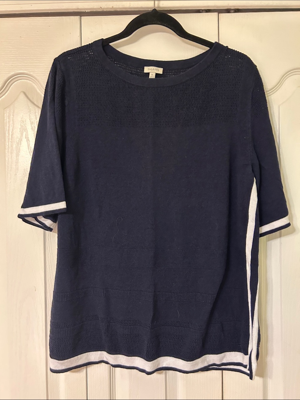 Talbots Navy Knit Short-Sleeve Sweater with White Trim